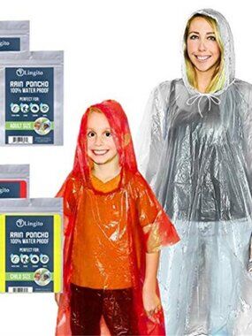 Reusable Rain Poncho Waterproof Clear Hooded Emergency Adult Kids Family Pack